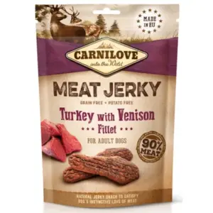 Przysmaki dla psa CARNILOVE 100g jerky indyk filet z dziczyzny- naturalne, suszone mięso dla psa.