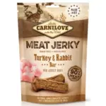 Przysmaki dla psa CARNILOVE 100g jerky indyk królik- – naturalne paski z mięsa indyka i królika, bezzbożowe, bogate w białko i składniki odżywcze.