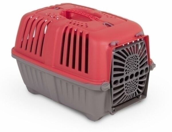 Transporter dla kota mały marki YARRO plastikowe drzwi czerwono szary