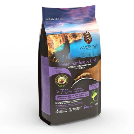 Karma dla psa AMBROSIA Mediterranean Light Świeża Sardynka i Dorsz 1.5kg Karma dla psa AMBROSIA Mediterranean Light Świeża Sardynka i Dorsz 1.5kg