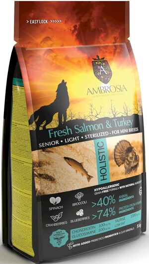 Karma dla psa AMBROSIA Mini Senior Świeży Łosoś i Indyk 5kg Karma dla psa AMBROSIA Mini Senior Świeży Łosoś i Indyk 5kg