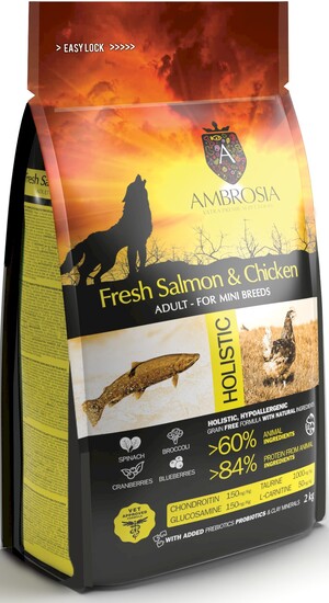 Karma dla psa AMBROSIA Mini Świeży Łosoś i Kurczak 2kg Karma dla psa AMBROSIA Mini Świeży Łosoś i Kurczak 2kg