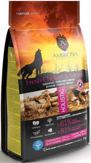 Karma dla psa AMBROSIA Puppy Large Breed Świeży Kurczak i Łosoś 2kg Karma dla psa AMBROSIA Puppy Large Breed Świeży Kurczak i Łosoś 2kg