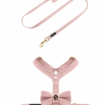 Komplet PETSORIES smycz szelki velvet bow różowy