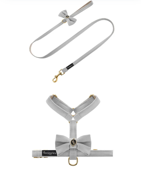 Komplet PETSORIES smycz szelki velvet bow szary