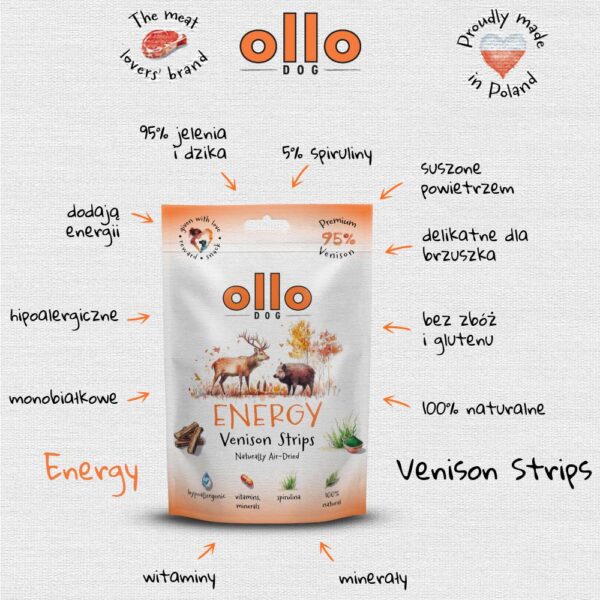 Przysmaki dla psa OLLO Air Dried Energy Strips dziczyzna 80g