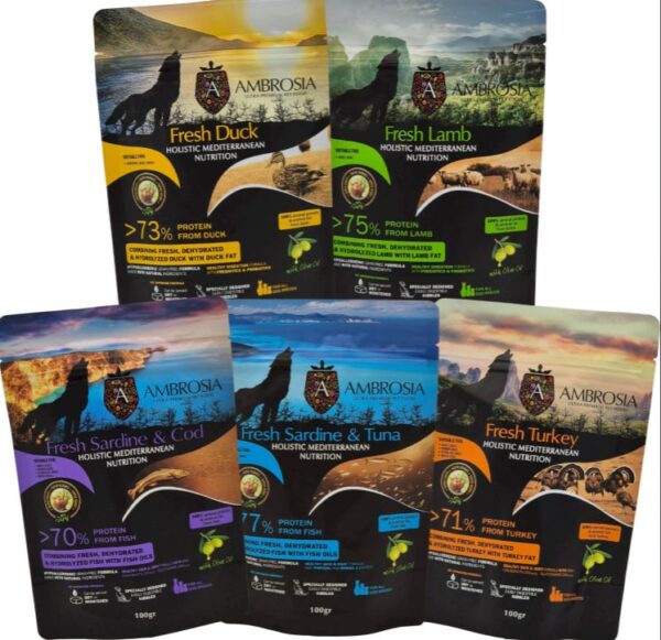 Zestaw próbek karmy dla psa AMBROSIA 5 x 100g Zestaw próbek karmy dla psa AMBROSIA 5 x 100g