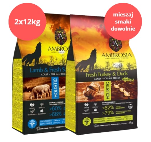 Zestaw karmy dla psa AMBROSIA 2 x 12 kg - różne smaki