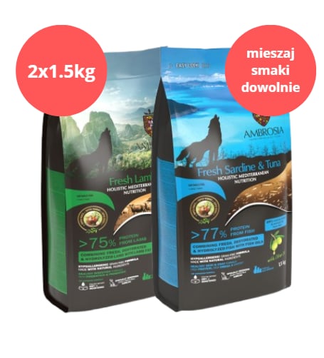 Zestaw karmy dla psa AMBROSIA Mediterranean 2 x 1.5 kg - różne smaki