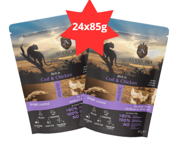 Karma dla kota AMBROSIA Wet dorsz kurczak saszetka 24x85g