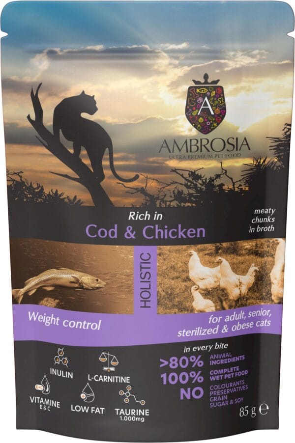 Karma dla kota AMBROSIA Wet dorsz kurczak saszetka 85g