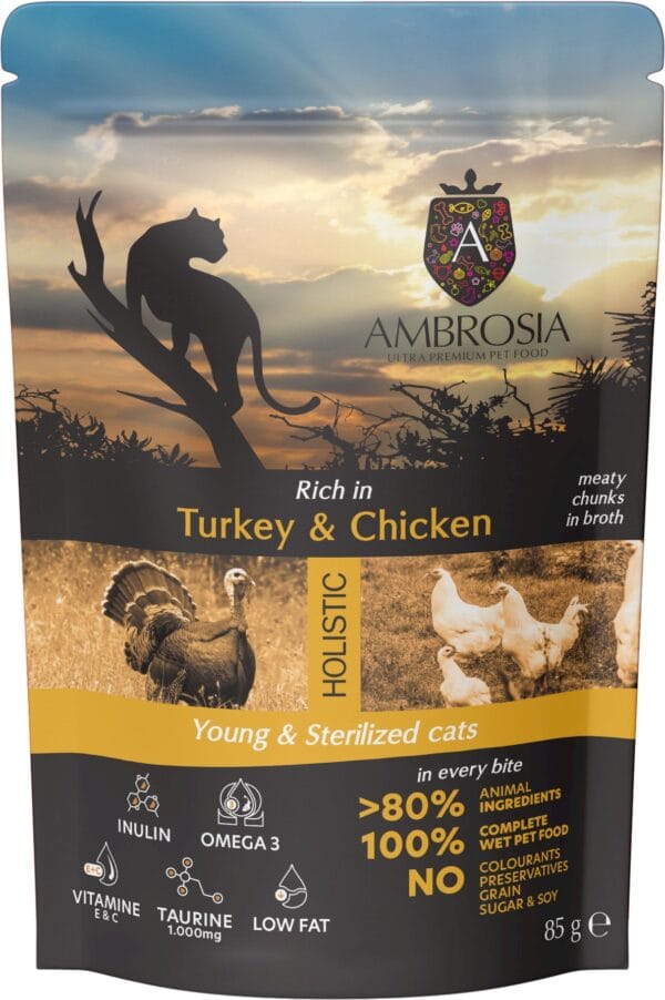 Karma dla kota AMBROSIA Wet indyk kurczak saszetka 85g