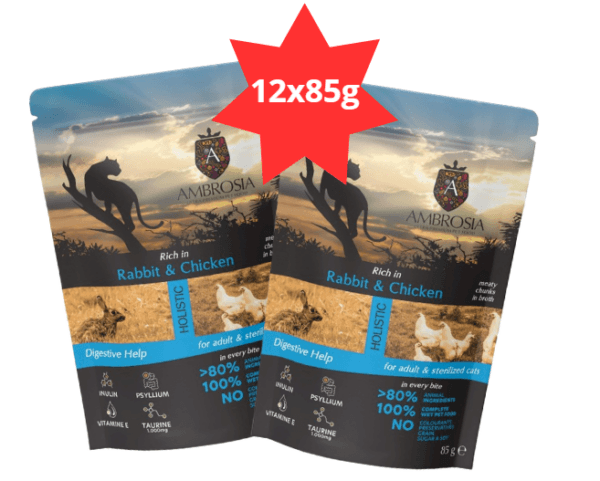 Karma dla kota AMBROSIA Wet królik kurczak saszetka 12x85g