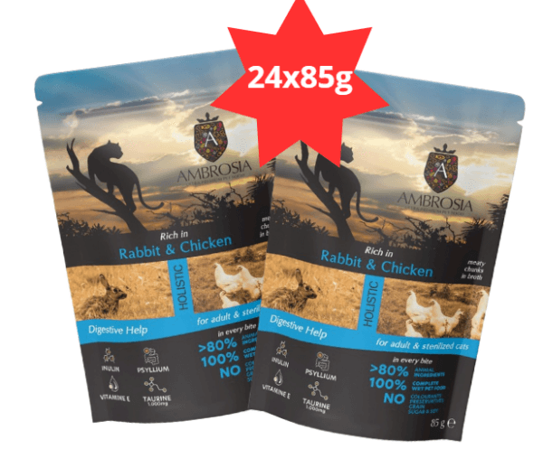 Karma dla kota AMBROSIA Wet królik kurczak saszetka 24x85g