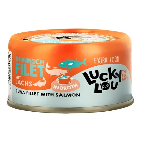 Karma dla kota LUCKY LOU Extrafood tuńczyk łosoś w bulionie puszka 70g Karma dla kota LUCKY LOU Extrafood tuńczyk łosoś w bulionie puszka 70g