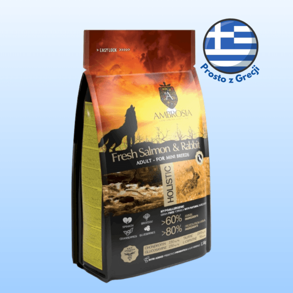 Karma dla psa AMBROSIA Mini Sensitive Świeży Łosoś i Królik 5kg Karma dla psa AMBROSIA Mini Sensitive Świeży Łosoś i Królik 5kg