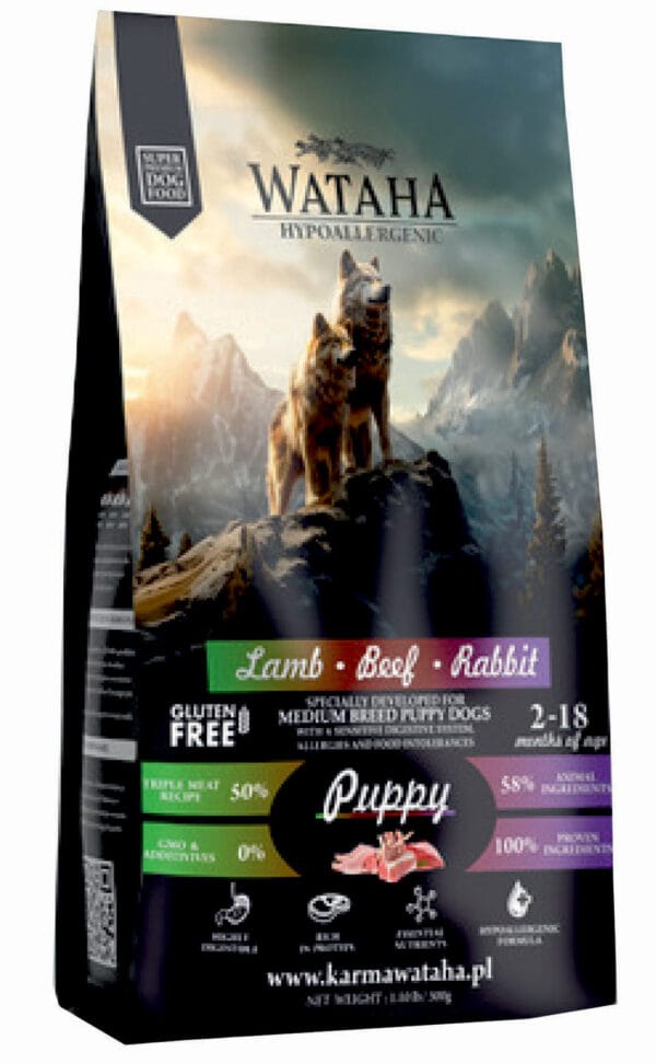 Karma dla psa WATAHA hypoallergenic puppy M:L jagnięcina wołowina królik ryż 12kg Karma dla psa WATAHA hypoallergenic puppy M/L jagnięcina wołowina królik ryż 12kg
