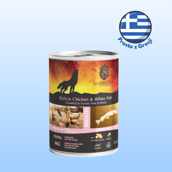 Karma dla psa AMBROSIA puppy pasztet kurczak białoryby dynia 395g Karma dla psa AMBROSIA puppy pasztet kurczak białoryby dynia 395g