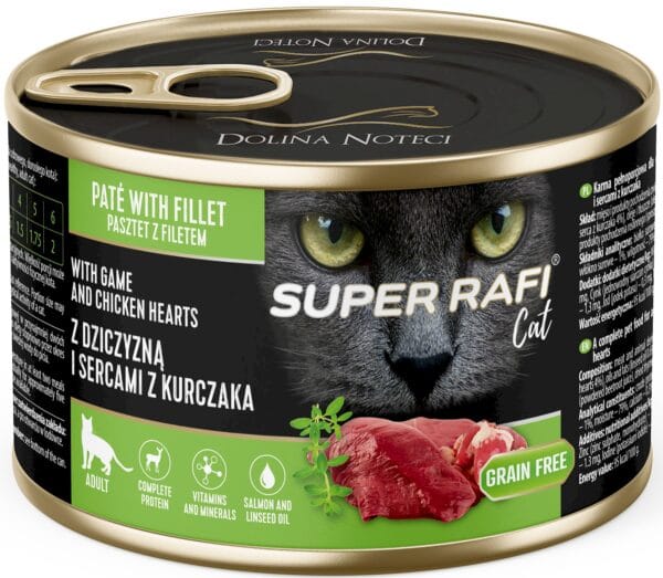 Karma dla kota SUPER RAFI dziczyzna serca kurczaka 185g Karma dla kota SUPER RAFI dziczyzna serca kurczaka 185g