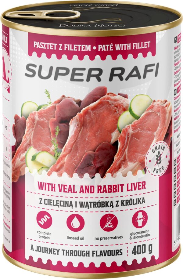 Karma dla psa SUPER RAFI cielęcina wątróbka królika 400g Karma dla psa SUPER RAFI cielęcina wątróbka królika 400g