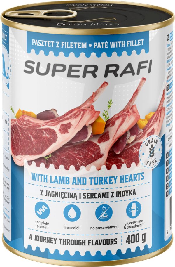 Karma dla psa SUPER RAFI jagnięcina serca indyka 400g Karma dla psa SUPER RAFI jagnięcina serca indyka 400g