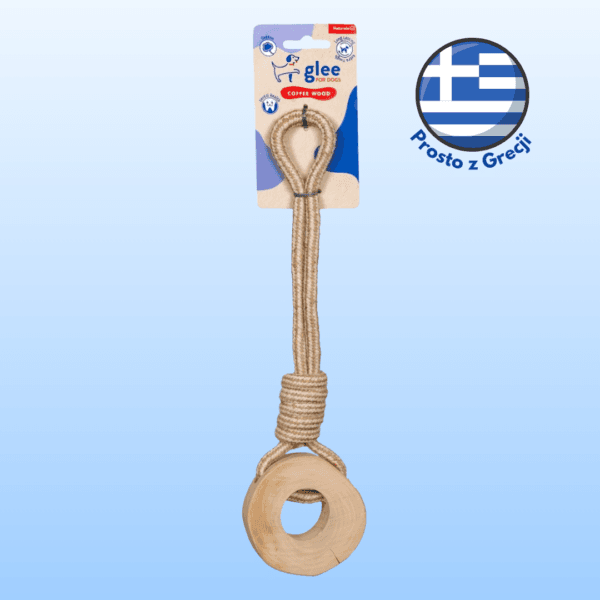 Zabawka dla psa GLEE sznur z kołem z drewna kawowego 31cm Zabawka dla psa GLEE sznur z kołem z drewna kawowego 31cm