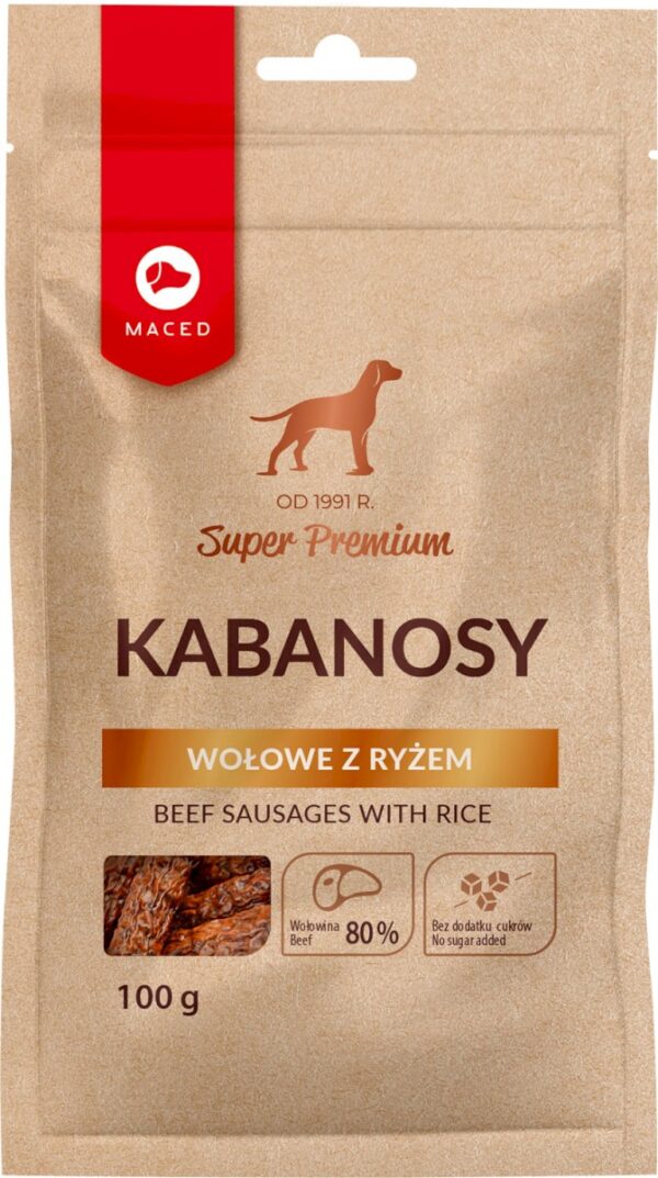 Przysmaki dla psa MACED kabanosy wołowe z ryżem 100g Przysmaki dla psa MACED kabanosy wołowe z ryżem 100g