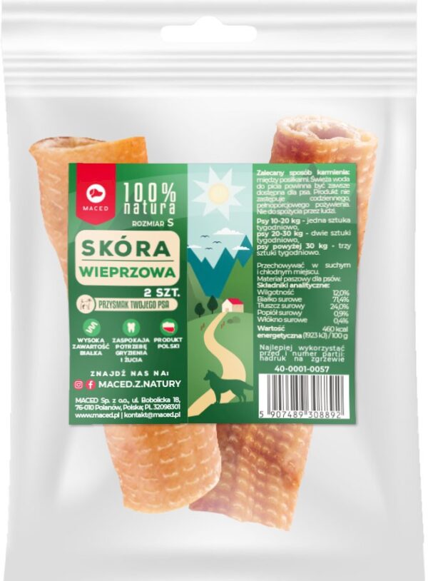 Przysmaki dla psa MACED naturalna skóra wieprzowa S 12cm 2 szt